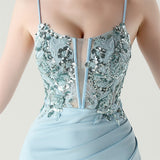 Mermaid Spaghetti Straps Appliques Split Prom Dress