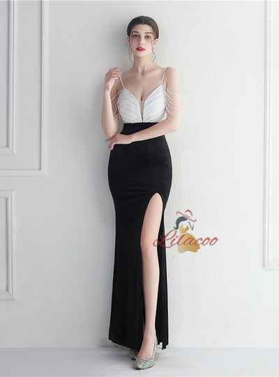 Mermaid Velvet Spaghetti Straps Sequins Beading Prom Dress