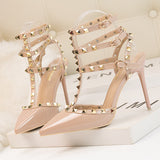 Thin High Heel Patent Leather Metal Rivet Sandals