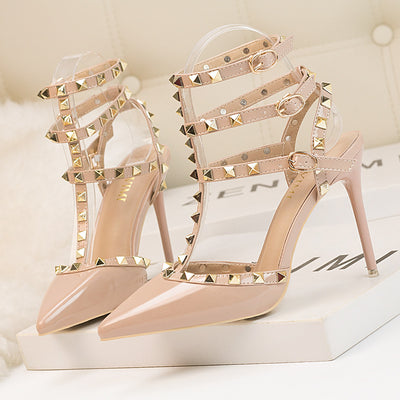 Thin High Heel Patent Leather Metal Rivet Sandals