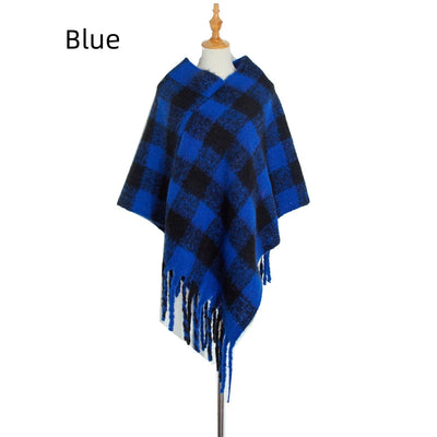 Thick Tassels Padded Plaid Shawl Cloak