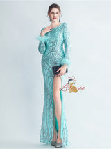 Long Sleeve Split Sequins Prom Dress