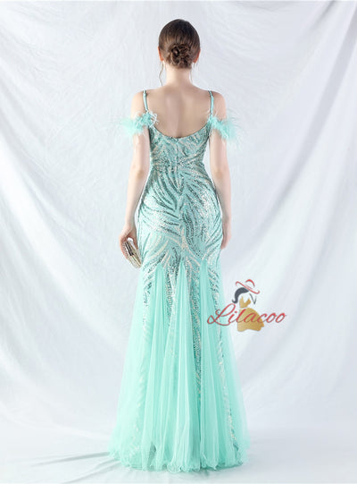 Spaghetti Straps Mermaid Sequins Tulle Prom Dress