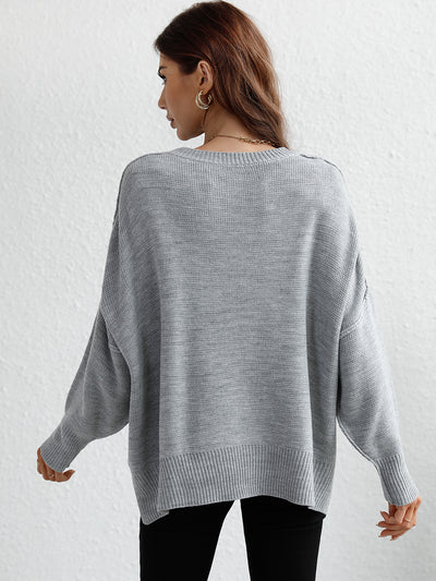 Round Neck Knitted Loose Split Pullover Sweater