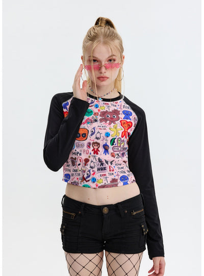 Cartoon Graffiti Printed Long Sleeve T-shirt