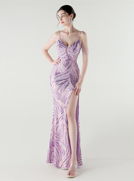 Mermaid Spaghetti Straps Sequins Split Beading Prom Dress