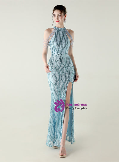 Mermaid Sequins Halter Beading Prom Dress