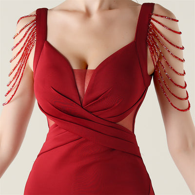 Mermaid Split Straps Pleats Beading Prom Dress