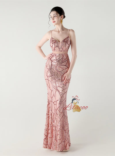 Mermaid Sequins Spaghetti Straps Beading Prom Dress