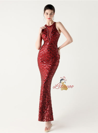 Mermaid Sequins Halter Beading Prom Dress