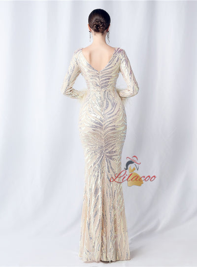 Long Sleeve V-neck Mermaid Sequins Prom Dress
