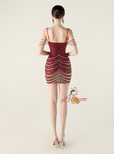 Spaghetti Straps Sequins Beading Short Prom Dress