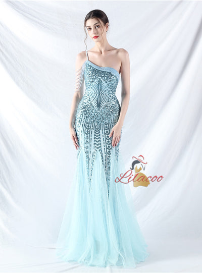 One Shoulder Sequins Beading Prom Dress