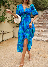 Silm Waist V-neck Printed Long Dress