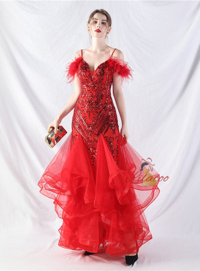 Mermaid Tulle Sequins Spaghetti Straps Prom Dress