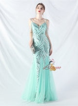 Spaghetti Straps Mermaid Sequins Tulle Beading Prom Dress