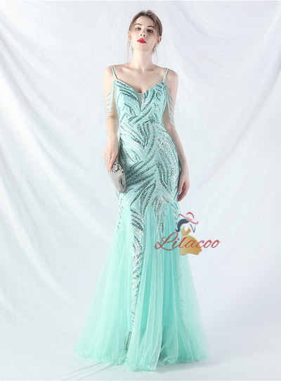 Spaghetti Straps Mermaid Sequins Tulle Beading Prom Dress