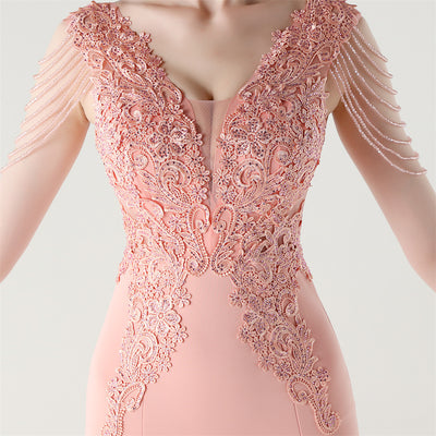 Mermaid V-neck Lace Beading Prom Dress