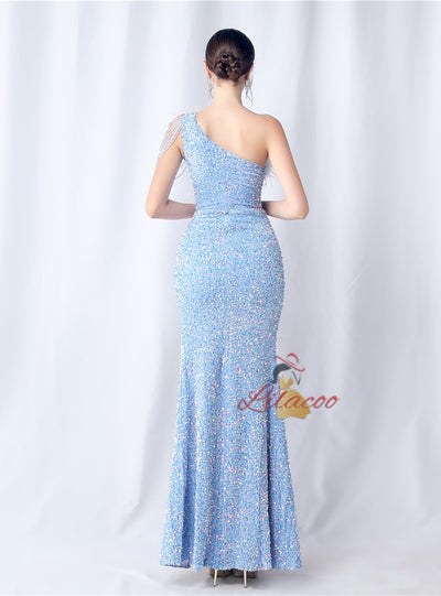 One Shoulder Sequins Split Prom Dress