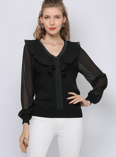 Lace Sleeves Spliced Flounces Shirt