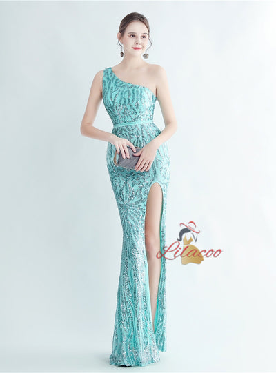 Mermaid One Shoulder Sequins Split Prom Dress