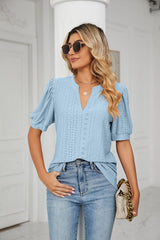 Casual V-neck Hollow Bubble Sleeve Loose T-shirt