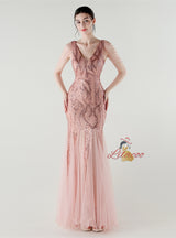 Mermaid Sequins Tulle V-neck Beading Prom Dress