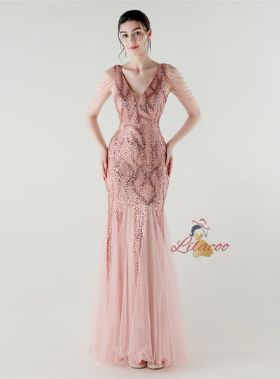 Mermaid Sequins Tulle V-neck Beading Prom Dress