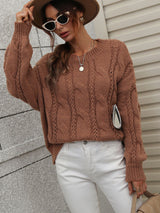 Twisted Rope Solid Color Loose Round Neck Sweater