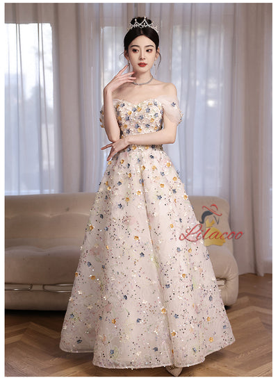 White Tulle Sequins Flower Off the Shoulder Prom Dress