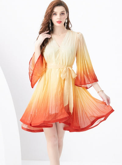 Holiday V-neck Trumpet Sleeve Pleated Gradient Dress