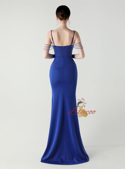 Mermaid Spaghetti Straps Split Bading Prom Dress