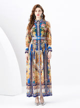 Palace Lapel Lantern Sleeve Long Retro Print Dress