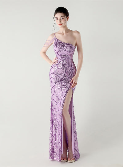 Mermaid Sequins One Shoulder Split Beading Prom Dress