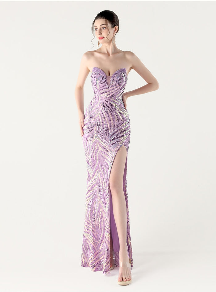 Mermaid Sequins Strapless Beading Split Prom Dress