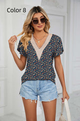 Lace V-neck Short Sleeve Print T-shirt
