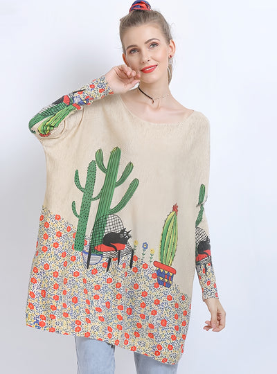 Long Sleeve Cactus Printed Sweater