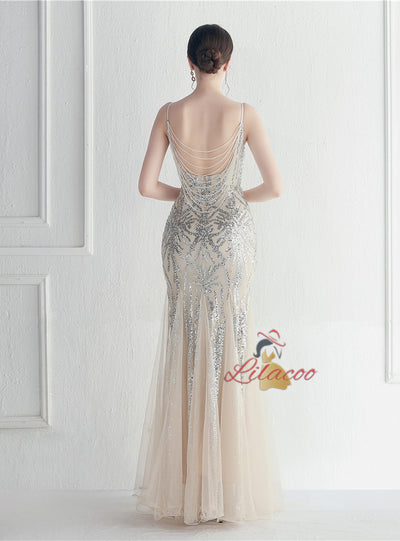 Sequins Tulle Spaghetti Straps Prom Dress