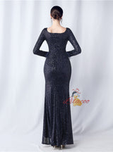 Long Sleeve Sequins Split Prom Dress