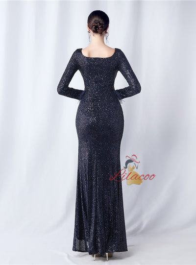 Long Sleeve Sequins Split Prom Dress