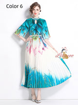 Pearl Pleated Long Beaded Print Long Dress