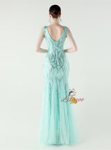 Mermaid Sequins Tulle V-neck Beading Prom Dress