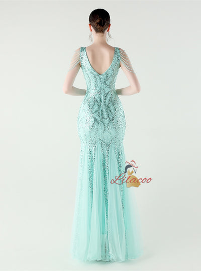 Mermaid Sequins Tulle V-neck Beading Prom Dress