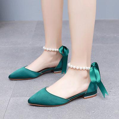 Flat-heeled Pointed Satin Beaded Bridal Shoes