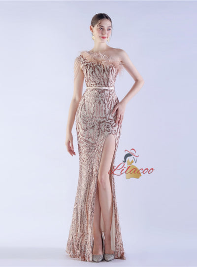 Mermaid Sequins One Shoulder Beading Prom Dress