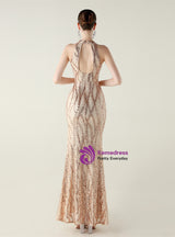Halter Mermaid Sequins Backless Prom Dress