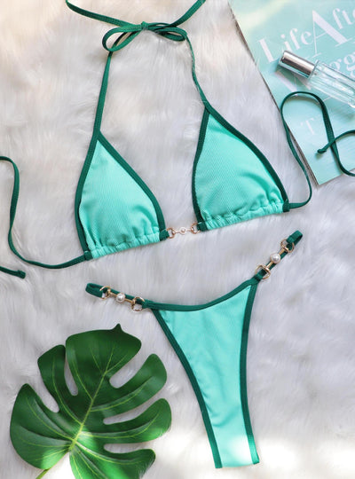 Sexy Patchwork Metal Accessories Pearl Swimsuit