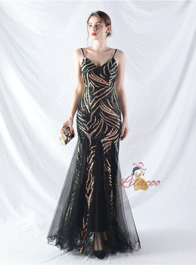 Mermaid Tulle Sequins Straps Prom Dress