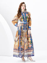 Palace Lapel Lantern Sleeve Long Retro Print Dress