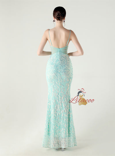 Mermaid Spaghetti Straps Sequins Beading Prom Dress